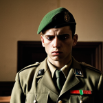 **

"A young soldier, looking conflicted and weary, stands before a military tribunal. The courtroom is dimly lit, casting shadows on his face. An Italian flag is subtly visible in the background. Focus on the emotional weight of the moment, portraying the internal conflict between duty and personal conviction. Consider a cinematic, gritty style, reminiscent of a war movie still. Depth of field is shallow, keep the main soldier on focus."

**