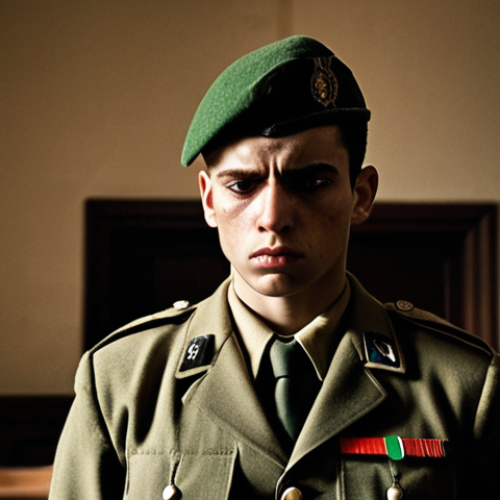 **

"A young soldier, looking conflicted and weary, stands before a military tribunal. The courtroom is dimly lit, casting shadows on his face. An Italian flag is subtly visible in the background. Focus on the emotional weight of the moment, portraying the internal conflict between duty and personal conviction. Consider a cinematic, gritty style, reminiscent of a war movie still. Depth of field is shallow, keep the main soldier on focus."

**