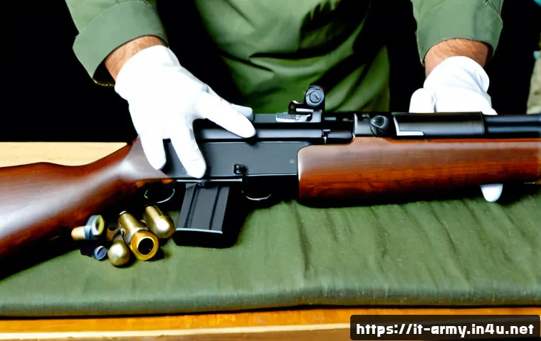 육군 K2 소총 분해 및 조립 - Photorealistic military armory workbench in Italy, an unloaded K2-style service rifle carefully fiel...