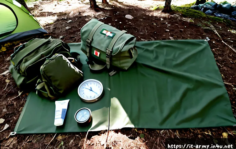 Home 14 육군 야전훈련 필수 장비 - Photorealistic Italian Army field training equipment neatly arranged on a rugged olive-green grounds...