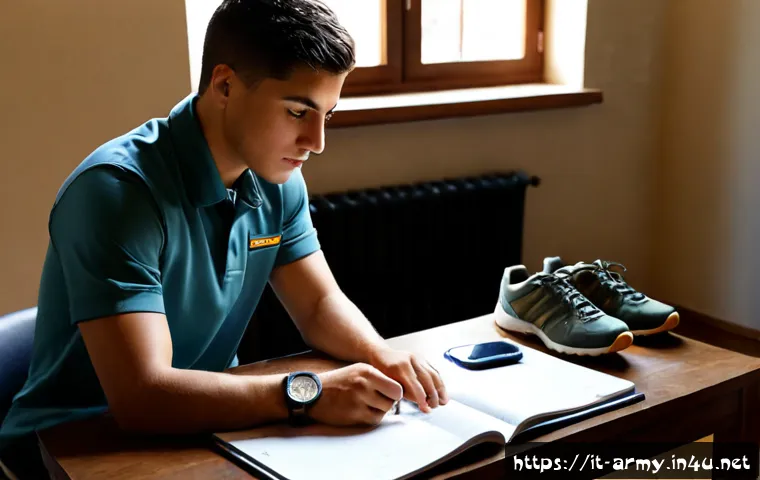 Home 15 육군 ROTC 준비 방법 - Photorealistic Italian university student preparing for an army officer cadet selection, seated at a...