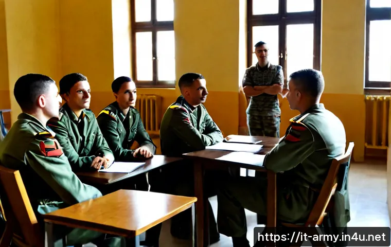 Home 17 육군 병영문화 개선 정책 - Photorealistic Italian Army barracks common room, diverse young adult soldiers in clean modern unifo...